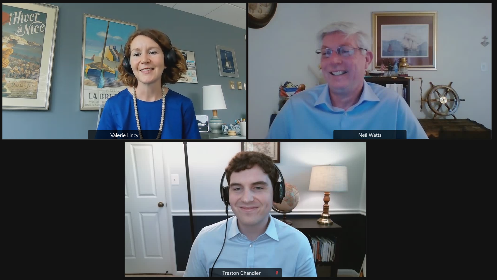 A virtual meeting between Neil Watts, Treston Chandler, and Valerie Lincy